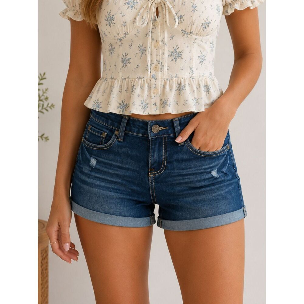 Blue Asphalt 5 Women's Jrs Distressed Mid Rise Cuffed Midi Stretch Jean Shorts